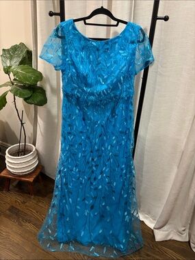 Bright Turquoise Leaf-Embroidered Maxi Dress